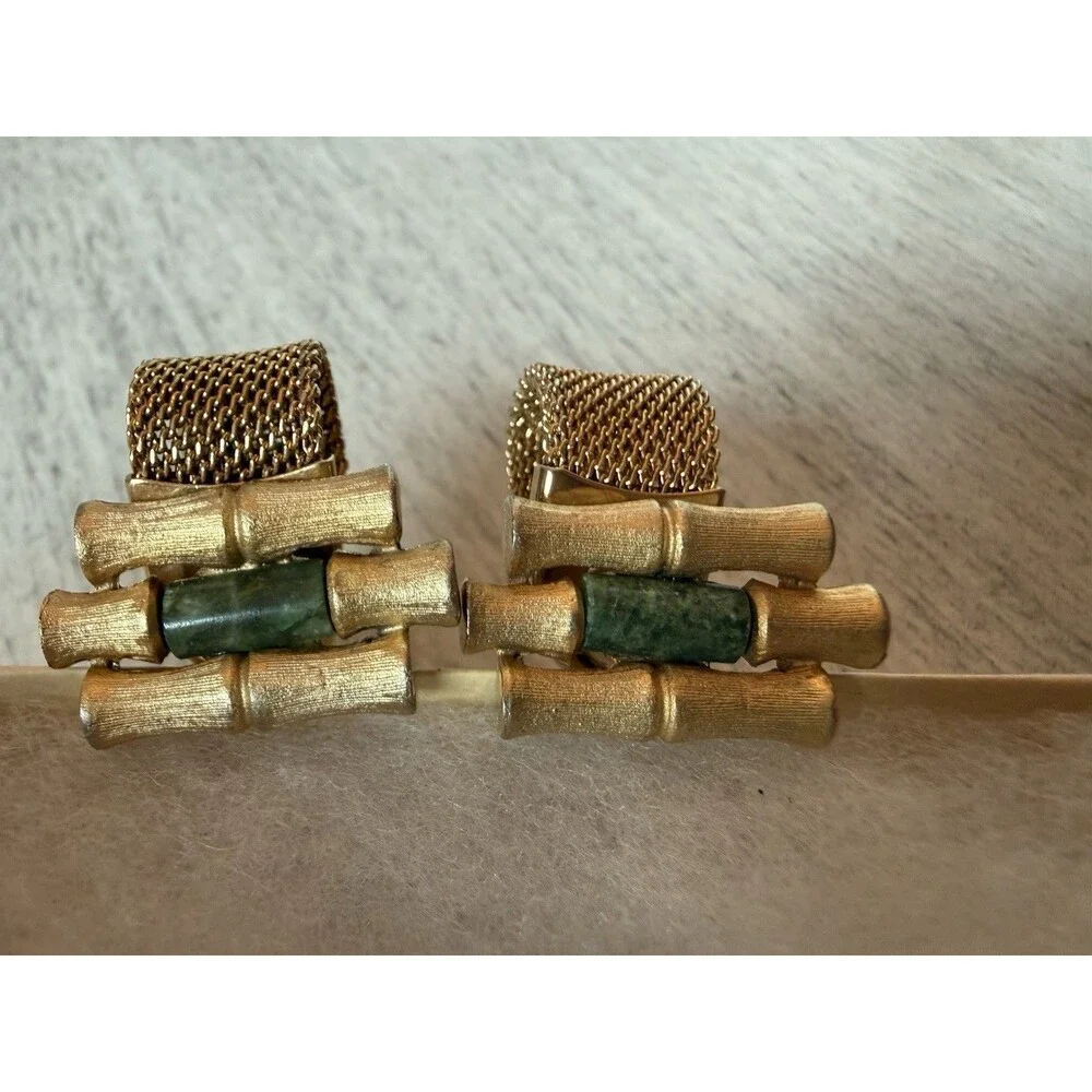 Vintage Anson Gold-Tone Mesh Wrap Bamboo Design Cufflinks with Green Jade Accent